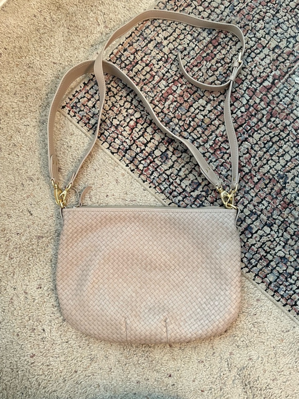 Quince Italian leather convertible crescent Woven Crossbody Bag in Taupe